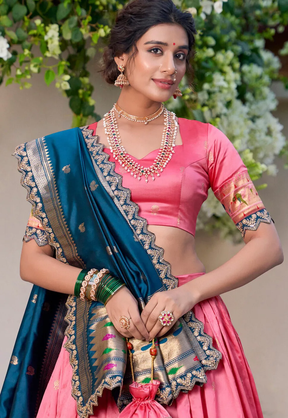 Woven Art Silk Jacquard Lehenga in Pink