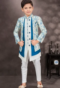 Woven Art Silk Jacquard Layered Sherwani in Off White and Teal Blue