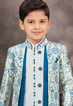 Woven Art Silk Jacquard Layered Sherwani in Off White and Teal Blue