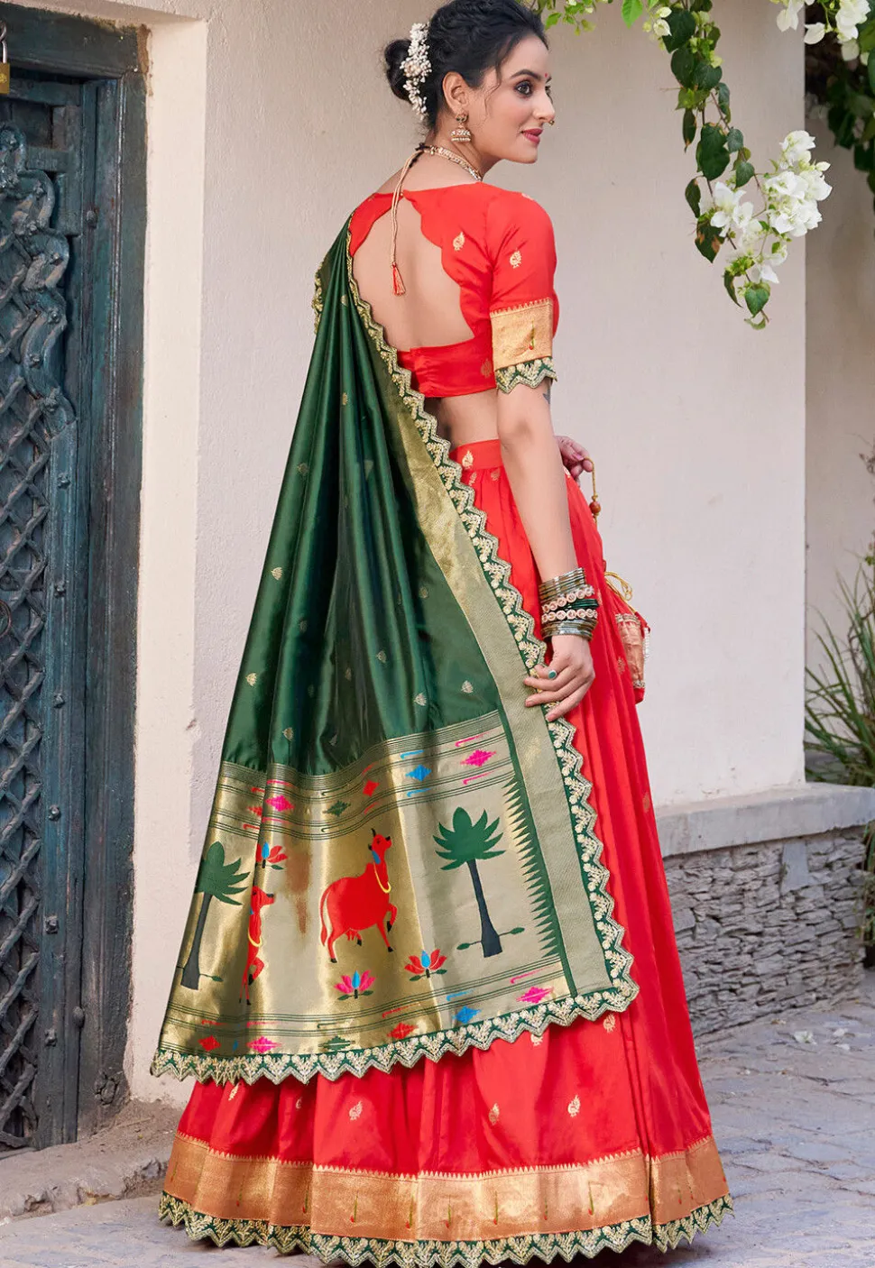 Woven Art Silk Jacquard Lehenga in Red