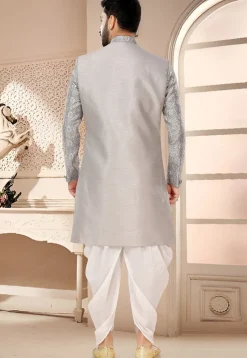 Woven Art Silk Jacquard Layered Sherwani in Grey