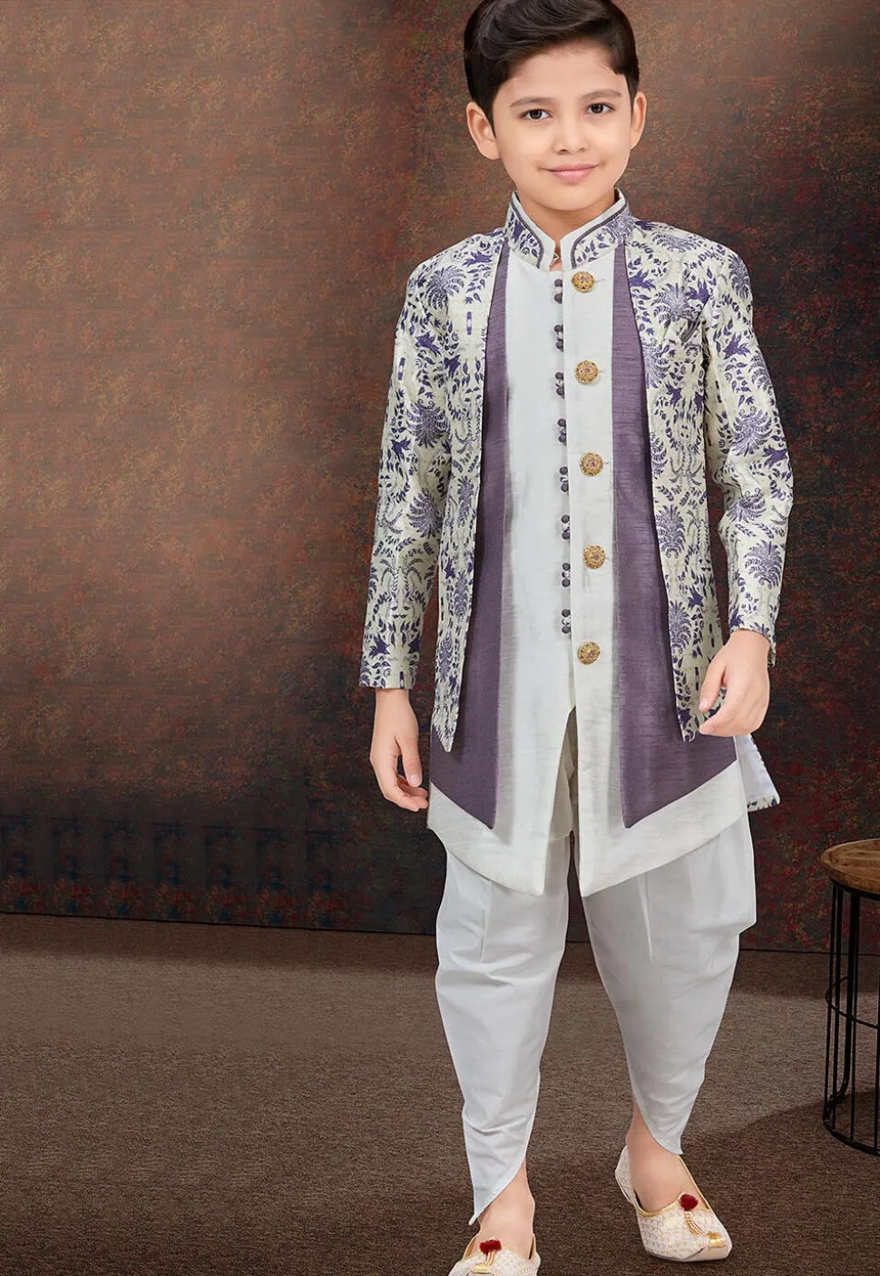 Woven Art Silk Jacquard Layered Sherwani in Off White and Purple