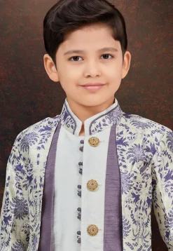 Woven Art Silk Jacquard Layered Sherwani in Off White and Purple