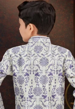 Woven Art Silk Jacquard Layered Sherwani in Off White and Purple