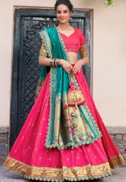Woven Art Silk Jacquard Lehenga in Fuchsia