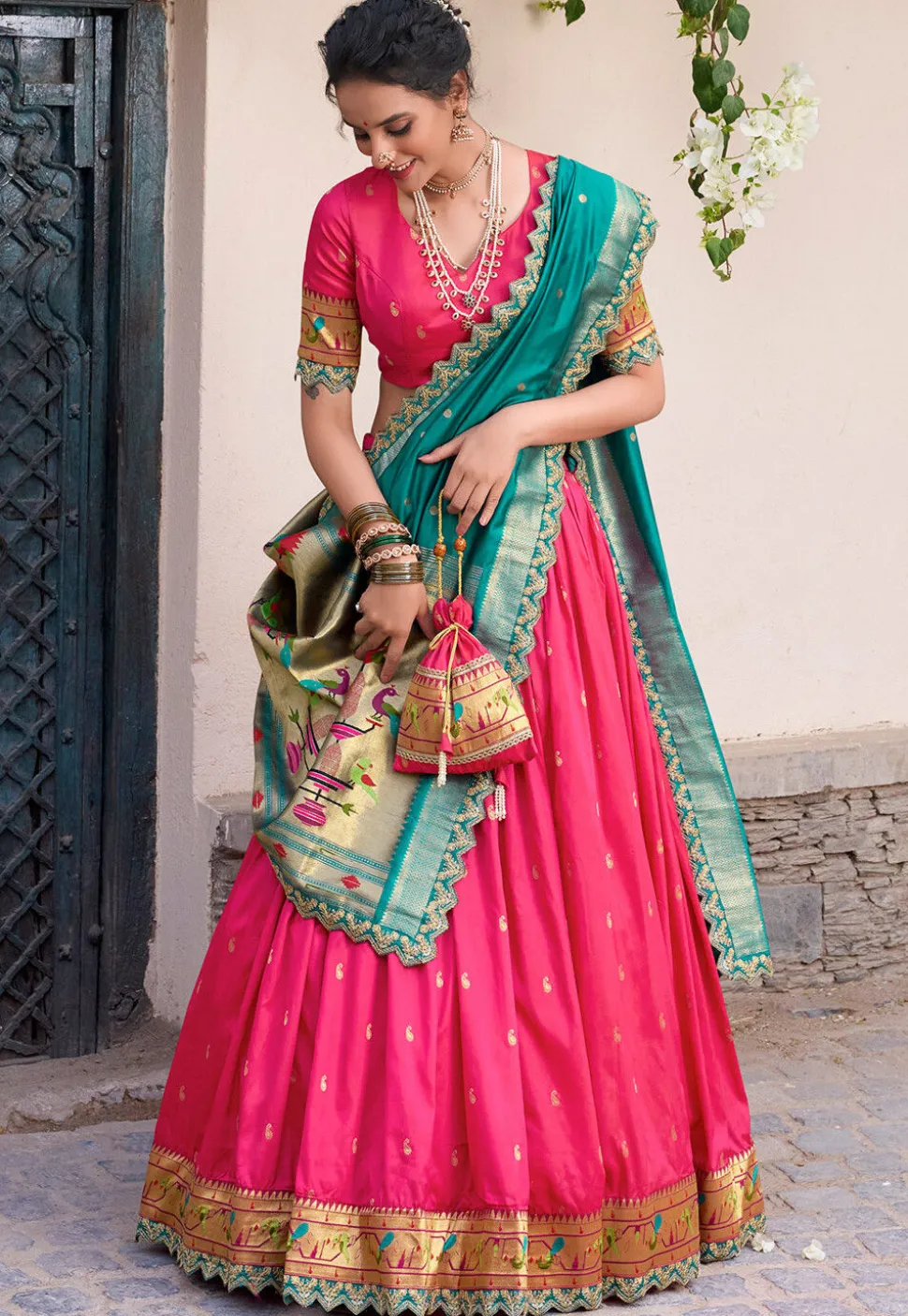 Woven Art Silk Jacquard Lehenga in Fuchsia