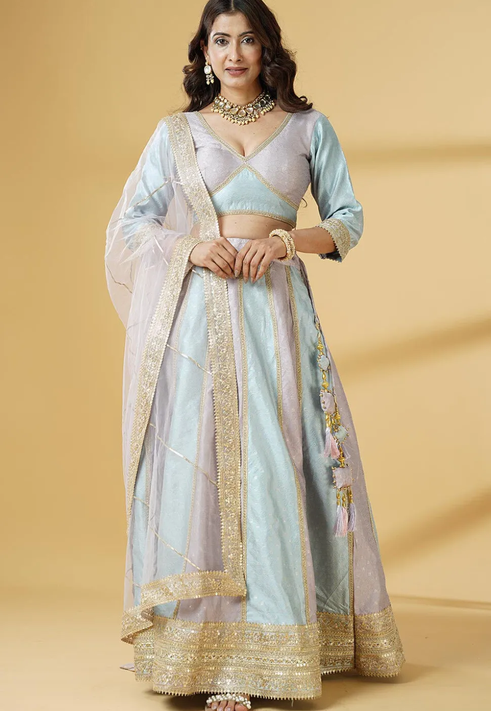 Woven Art Silk Jacquard Lehenga in Sky Blue and Dusty Purple