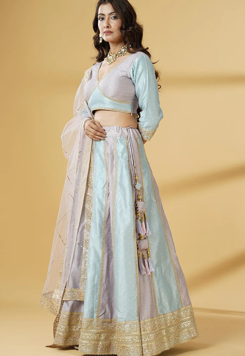 Woven Art Silk Jacquard Lehenga in Sky Blue and Dusty Purple