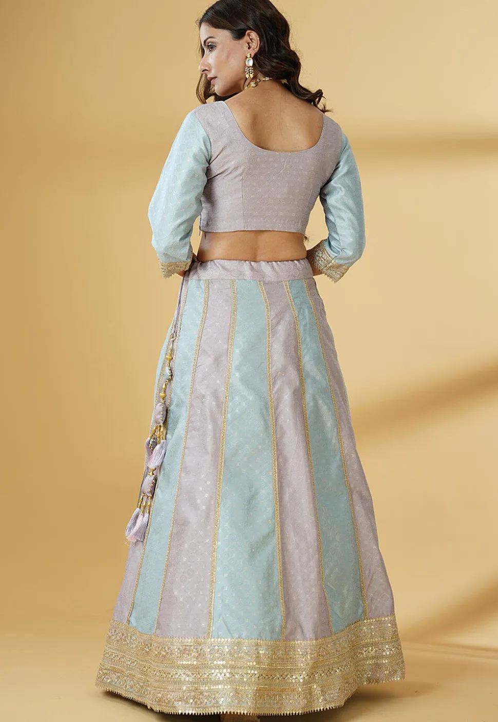 Woven Art Silk Jacquard Lehenga in Sky Blue and Dusty Purple