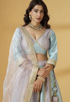 Woven Art Silk Jacquard Lehenga in Sky Blue and Dusty Purple