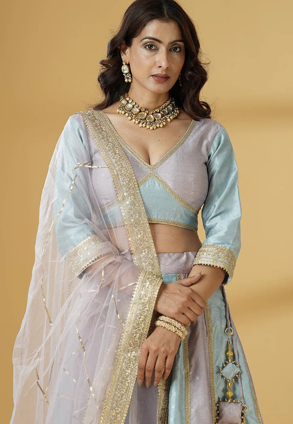 Woven Art Silk Jacquard Lehenga in Sky Blue and Dusty Purple