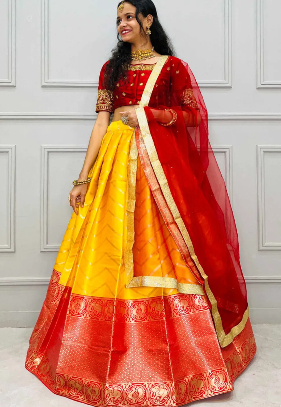 Woven Art Silk Jacquard Lehenga in Yellow