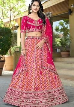 Woven Art Silk Jacquard Lehenga in Fuchsia