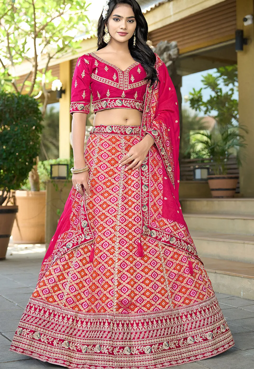 Woven Art Silk Jacquard Lehenga in Fuchsia