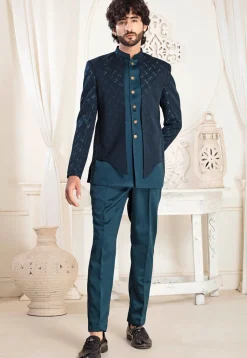 Woven Art Silk Jacquard Layered Jodhpuri Suit in Teal Blue