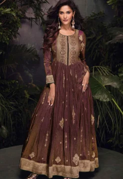 Woven Art Silk Jacquard Long Kurta in Dark Brown