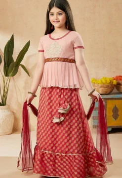 Woven Art Silk Jacquard Lehenga in Red
