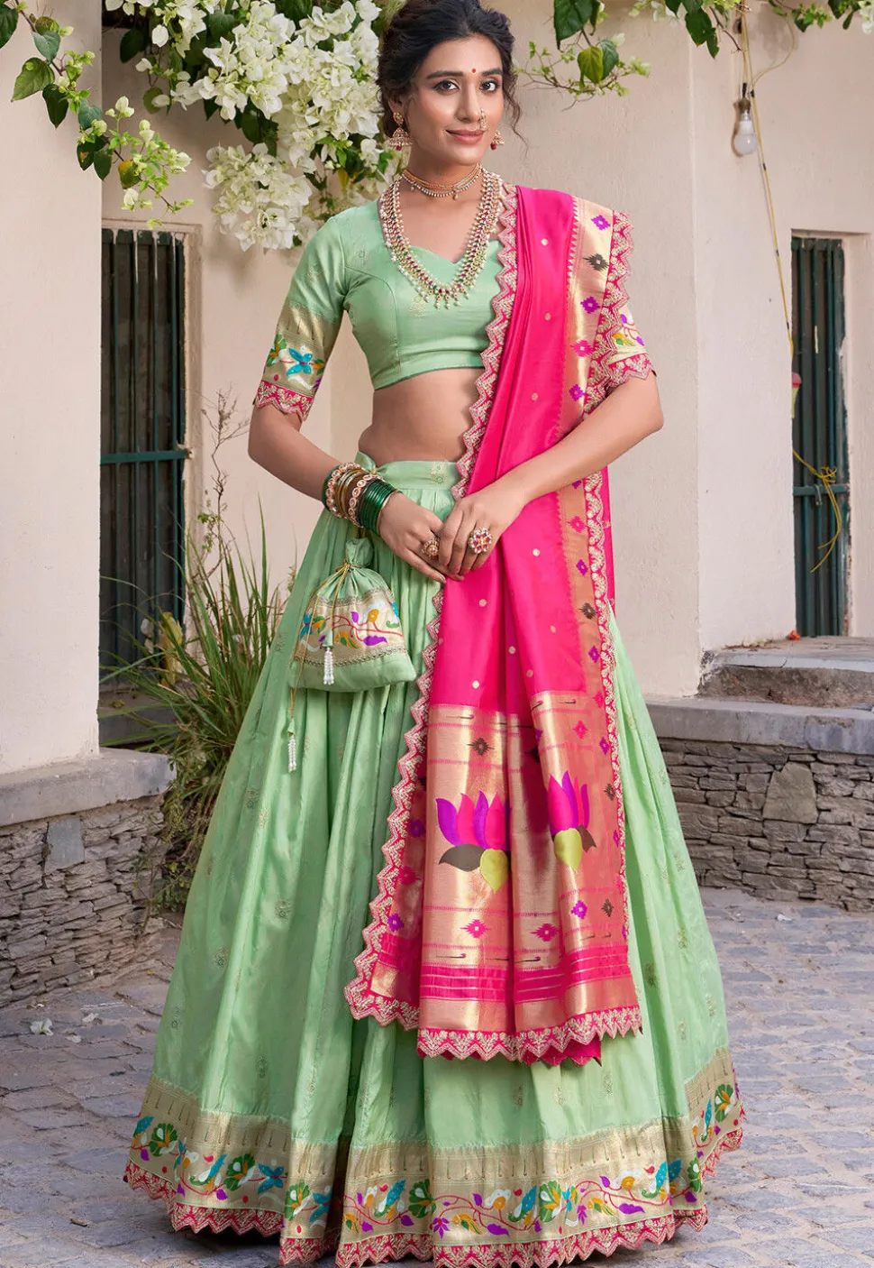 Woven Art Silk Jacquard Lehenga in Pastel Green