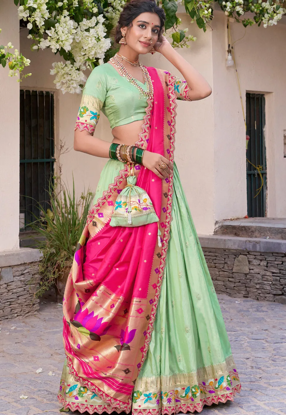 Woven Art Silk Jacquard Lehenga in Pastel Green
