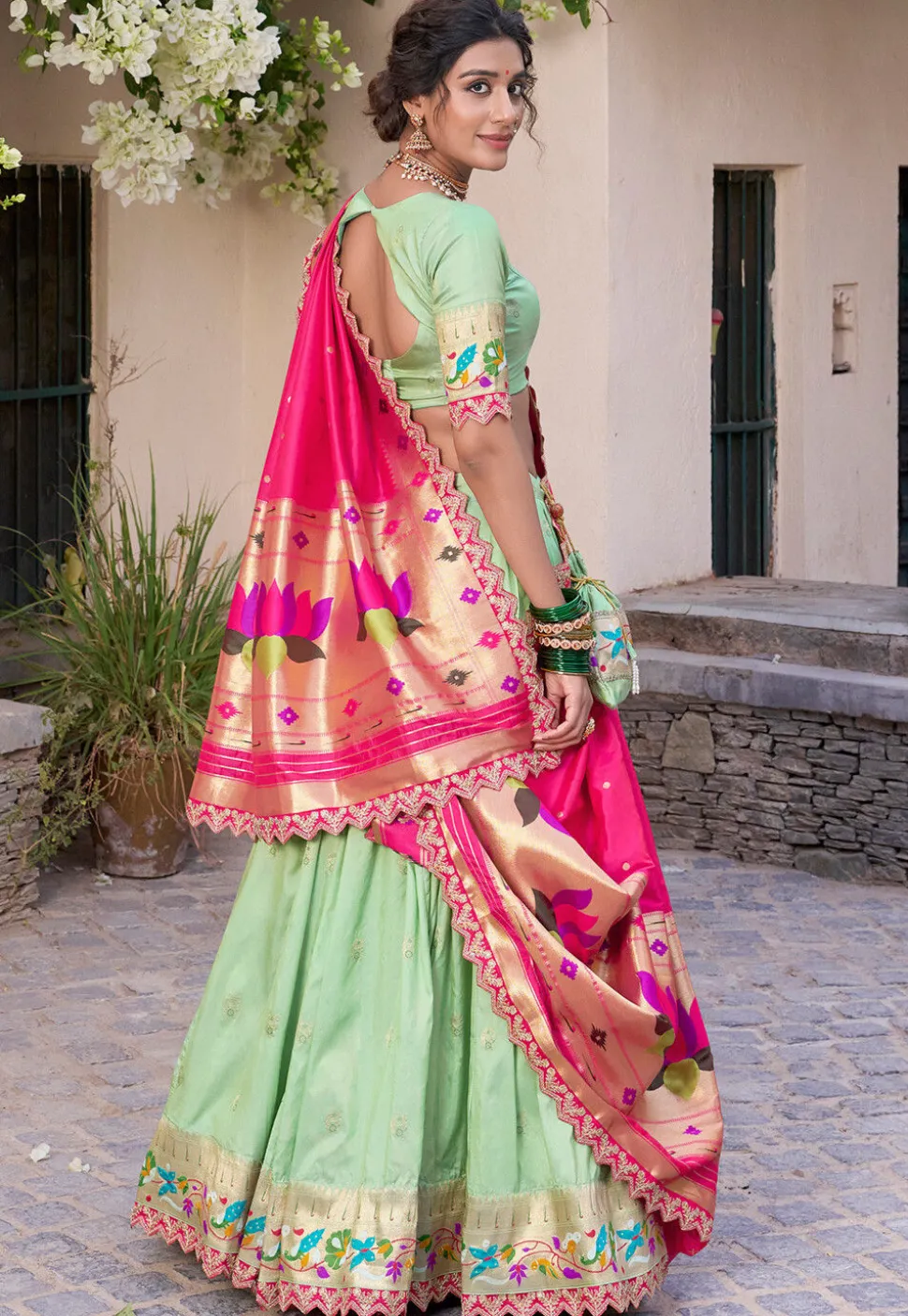 Woven Art Silk Jacquard Lehenga in Pastel Green