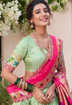 Woven Art Silk Jacquard Lehenga in Pastel Green