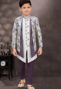 Woven Art Silk Jacquard Layered Sherwani in Off White and Purple