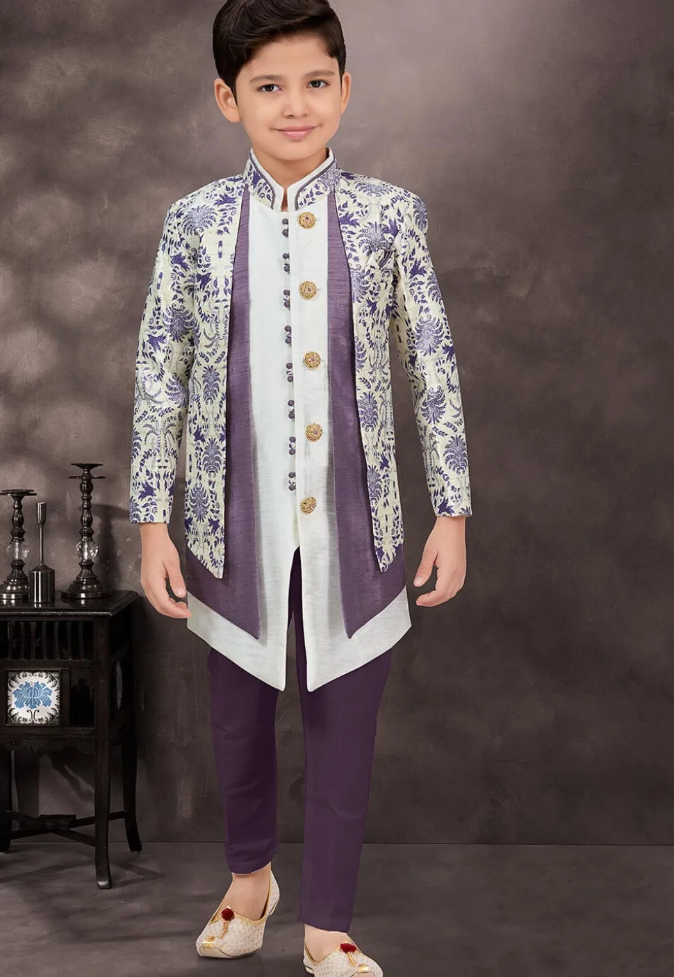 Woven Art Silk Jacquard Layered Sherwani in Off White and Purple