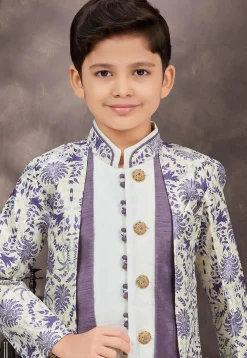 Woven Art Silk Jacquard Layered Sherwani in Off White and Purple