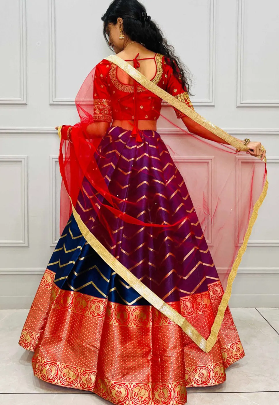 Woven Art Silk Jacquard Lehenga in Dark Blue