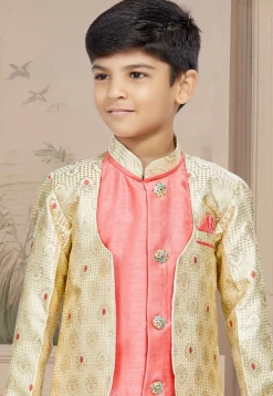 Woven Art Silk Jacquard Layered Sherwani in Peach and Cream