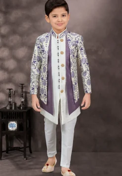 Woven Art Silk Jacquard Layered Sherwani in Off White and Purple