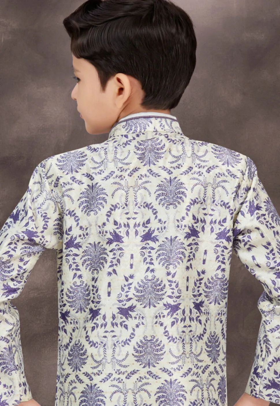 Woven Art Silk Jacquard Layered Sherwani in Off White and Purple