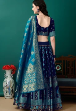 Woven Art Silk Jacquard Lehenga in Navy Blue