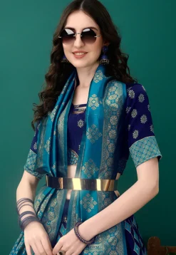 Woven Art Silk Jacquard Lehenga in Navy Blue