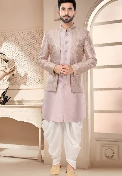 Woven Art Silk Jacquard Layered Sherwani in Light Pink