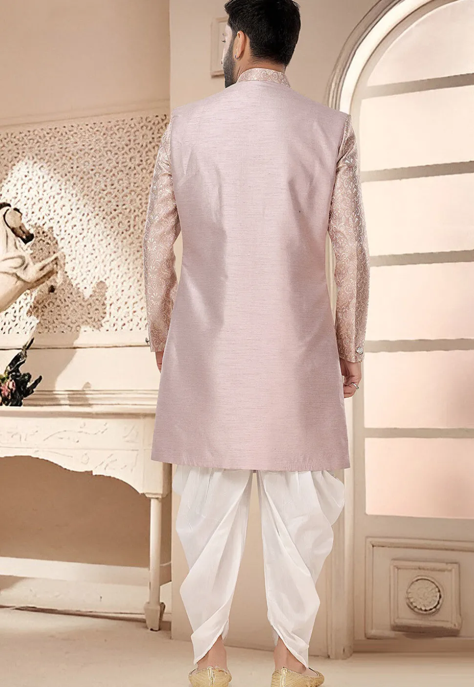 Woven Art Silk Jacquard Layered Sherwani in Light Pink