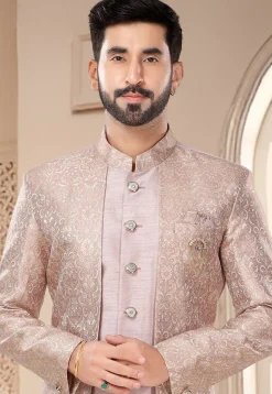 Woven Art Silk Jacquard Layered Sherwani in Light Pink