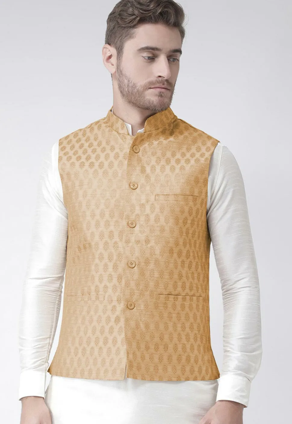 Woven Art Silk Jacquard Nehru Jacket in Beige