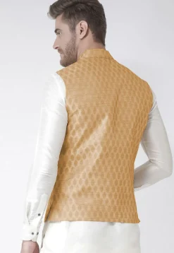 Woven Art Silk Jacquard Nehru Jacket in Beige