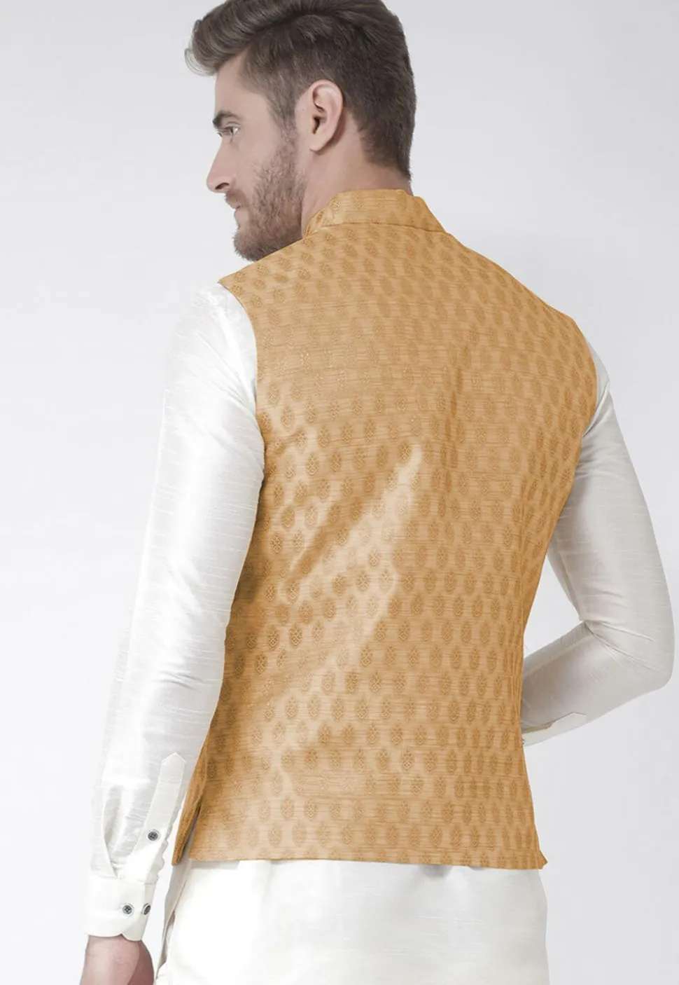 Woven Art Silk Jacquard Nehru Jacket in Beige