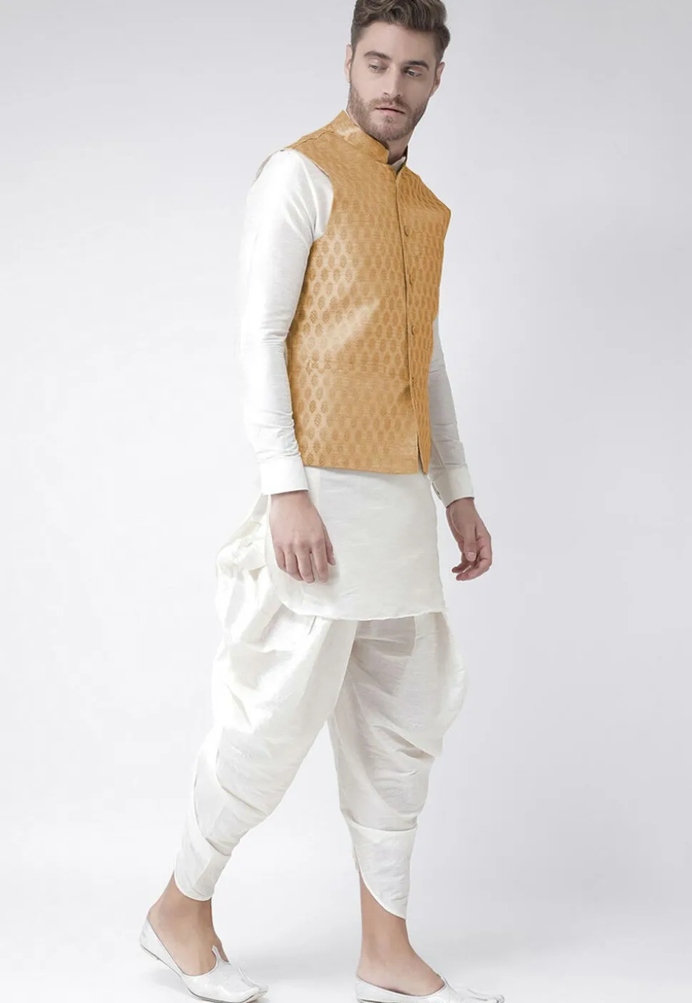 Woven Art Silk Jacquard Nehru Jacket in Beige
