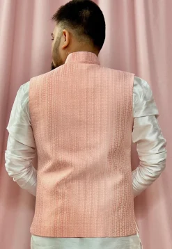 Woven Art Silk Jacquard Nehru Jacket in Peach