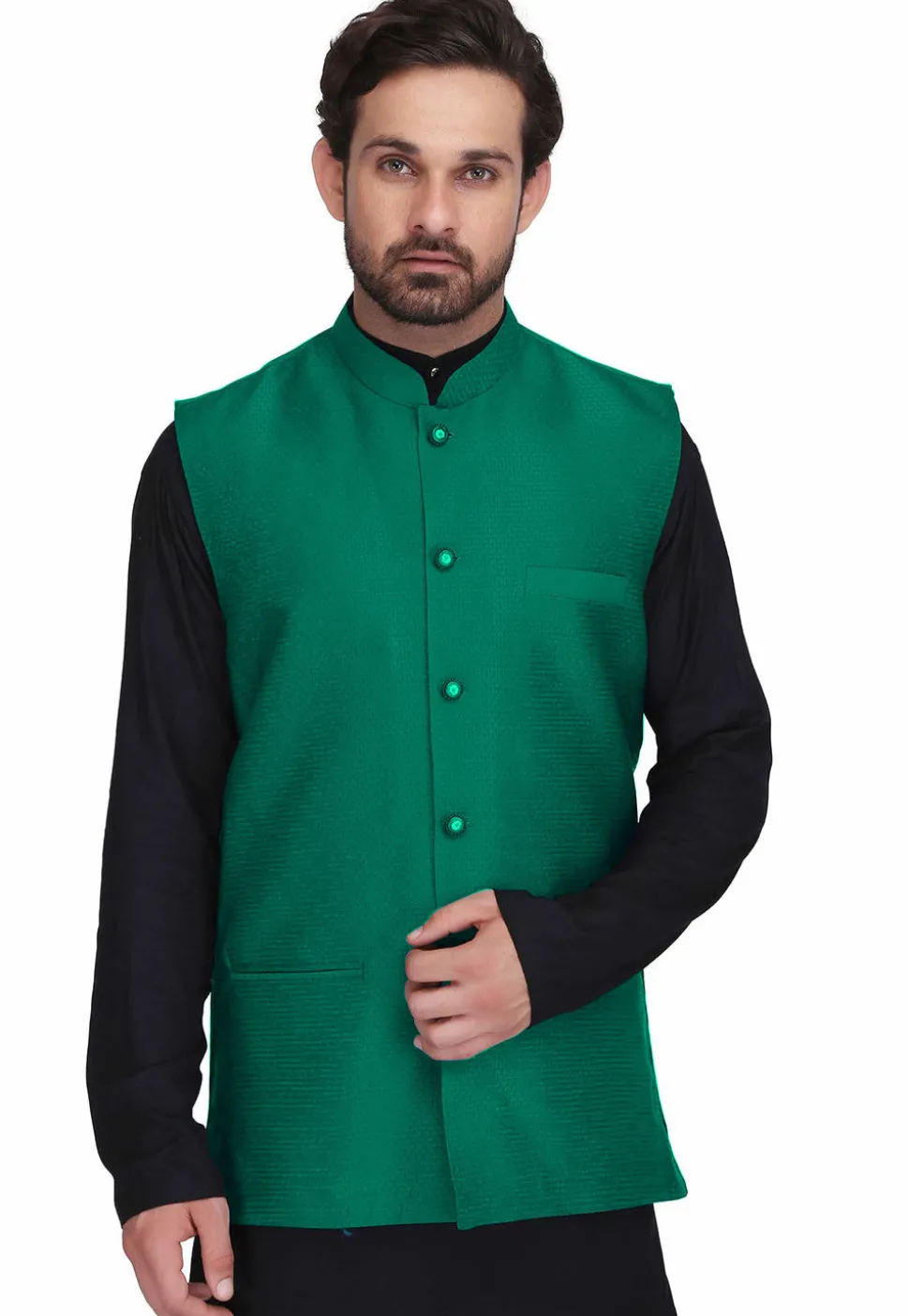 Woven Art Silk Jacquard Nehru Jacket in Teal Green