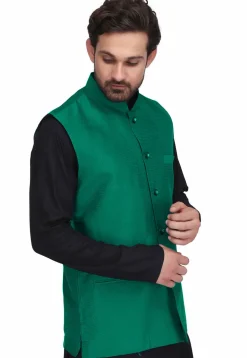 Woven Art Silk Jacquard Nehru Jacket in Teal Green