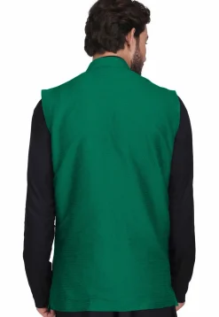 Woven Art Silk Jacquard Nehru Jacket in Teal Green