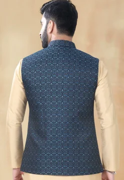Woven Art Silk Jacquard Nehru Jacket in Blue