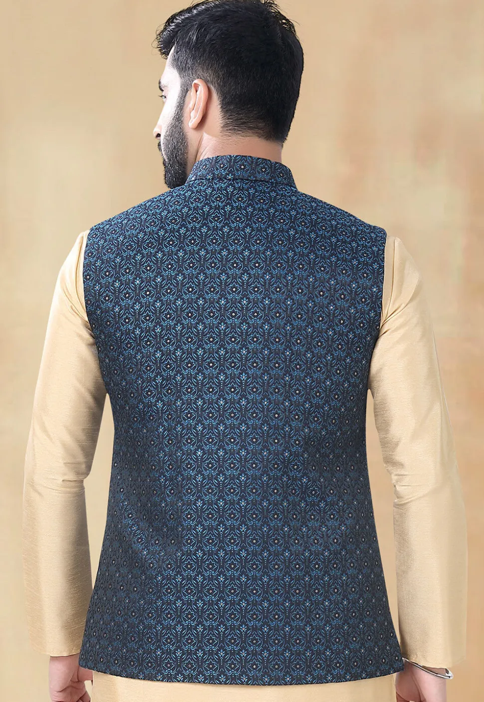 Woven Art Silk Jacquard Nehru Jacket in Blue