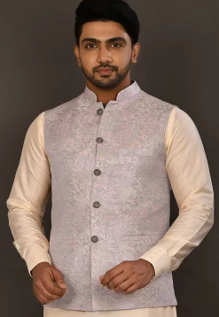Woven Art Silk Jacquard Nehru Jacket in Grey