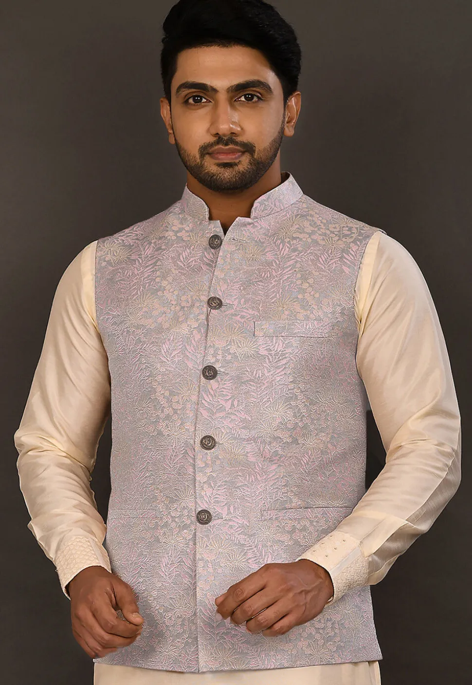 Woven Art Silk Jacquard Nehru Jacket in Grey