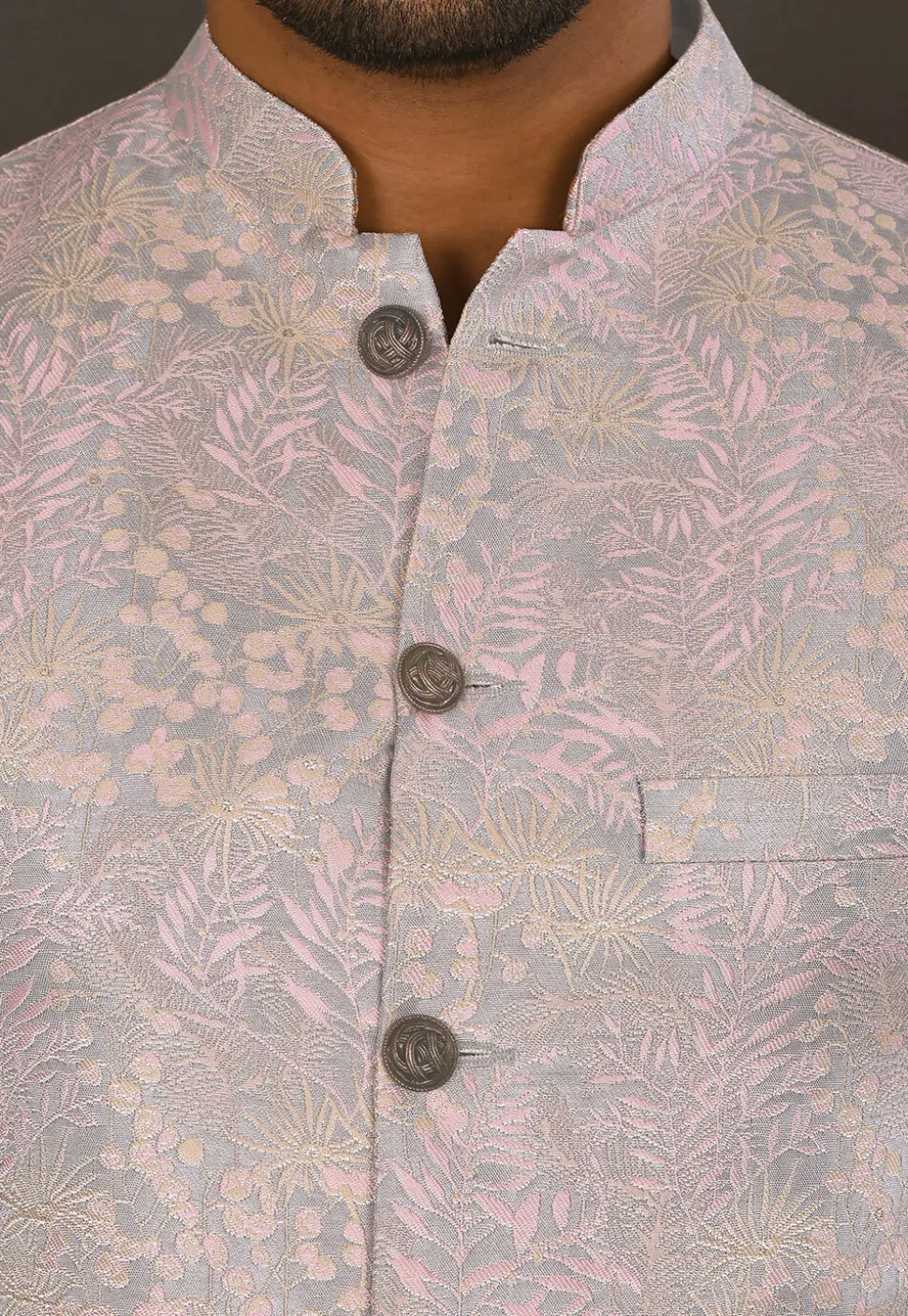 Woven Art Silk Jacquard Nehru Jacket in Grey